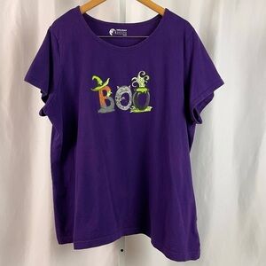 Holiday Editions 2X Halloween Boo Witch Cauldron Cat Print Tunic Top Deep Purple